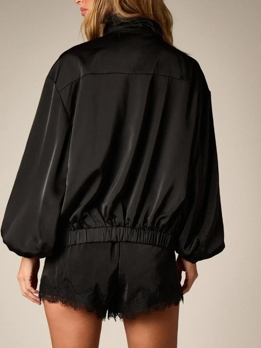 Black Casual Women's Oversized Bomber Jacket With Stand Collar